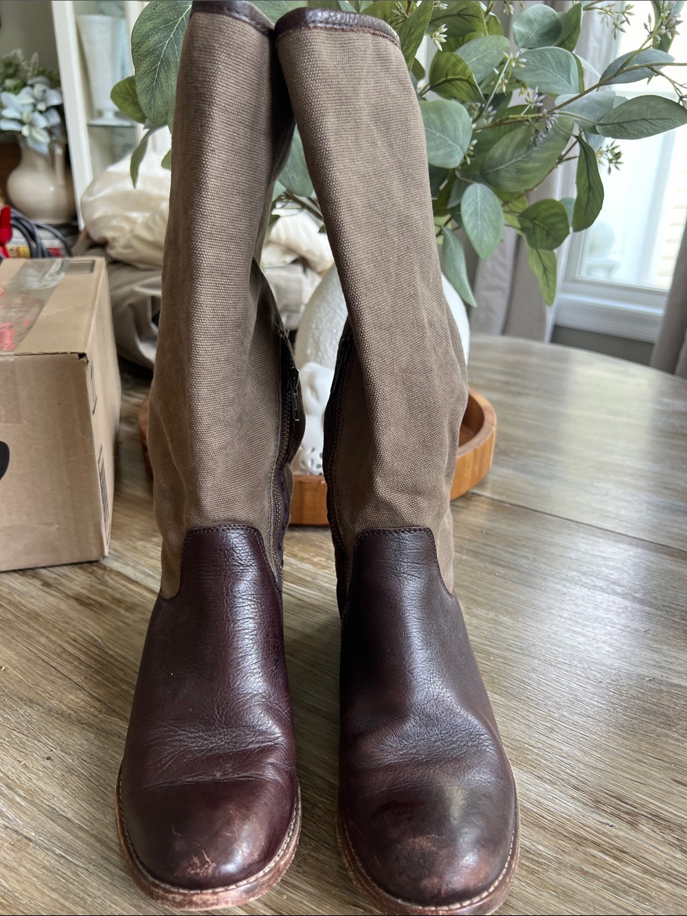Frye Brown Leather and Tan Fabric Over-the-Knee Boots